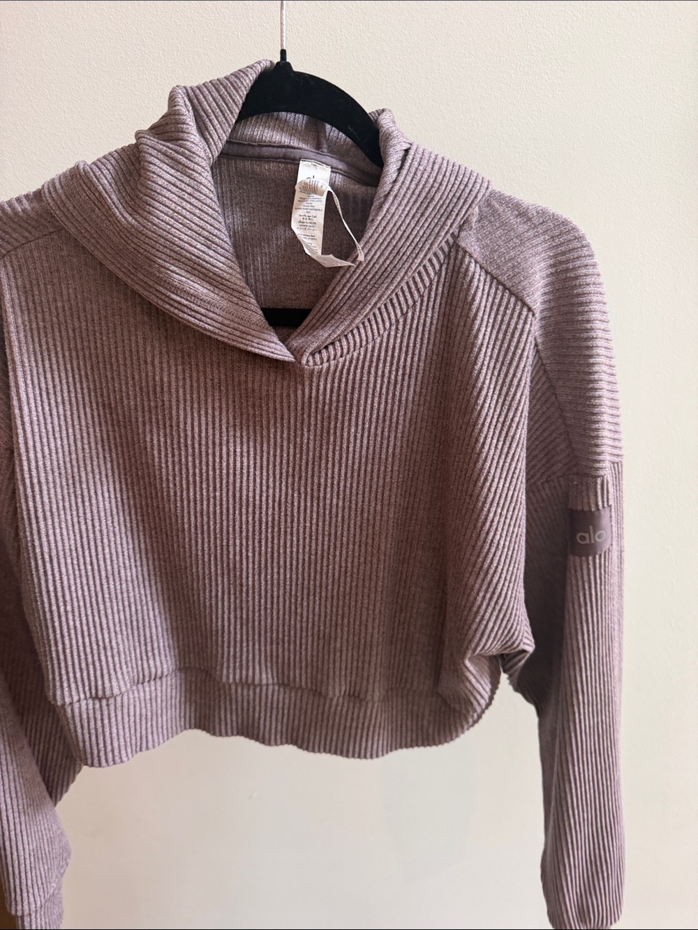 ALO Yoga Ribbed Cropped Funnel Neck Sweater in Mauve Taupe